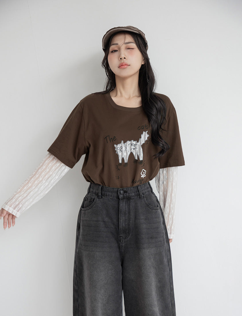 Contrast Lace Cat Faux Two-Piece Plus Size Tee