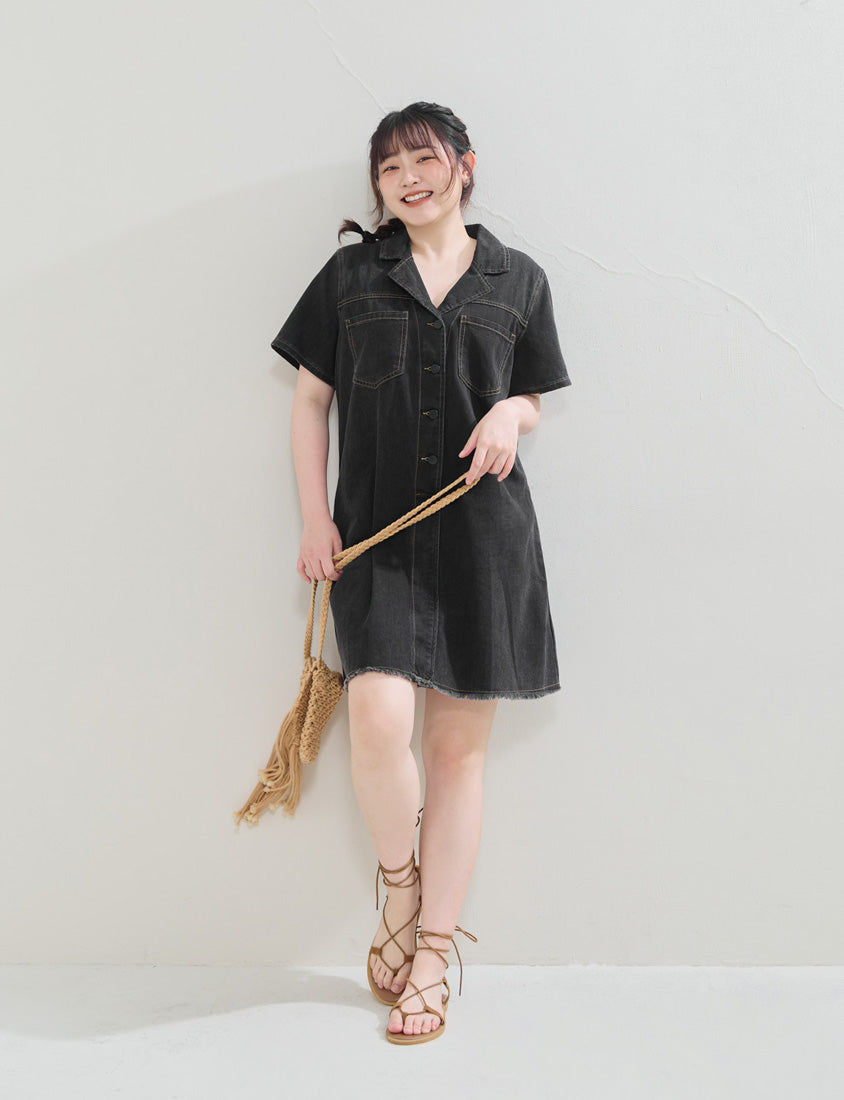 Frayed Hem Pocket Denim Plus Size Mini Dress