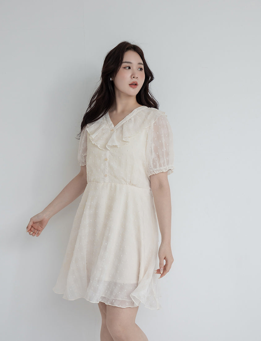 MISS. Polka Dot Jacquard Ruffle V-Neck Plus Size Mini Dress
