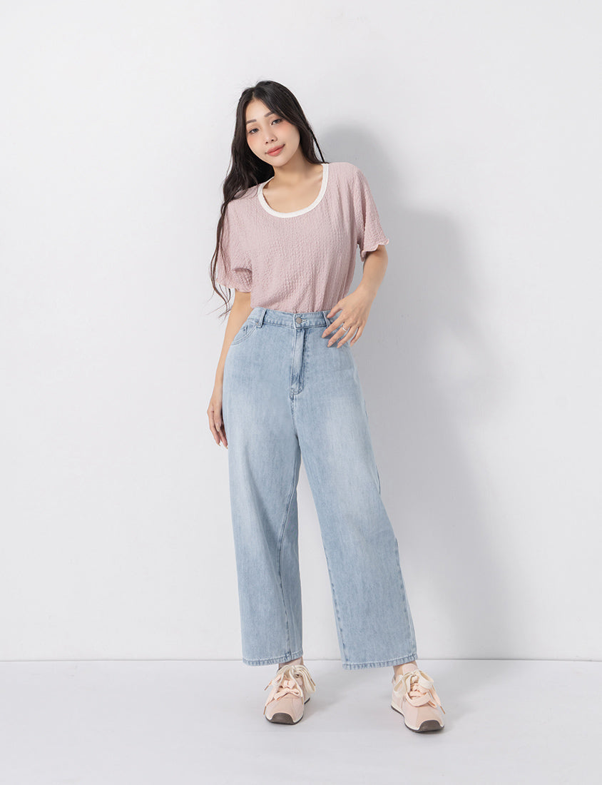 Sweet Colorful Contrast Trim Crinkle Plus Size Tee