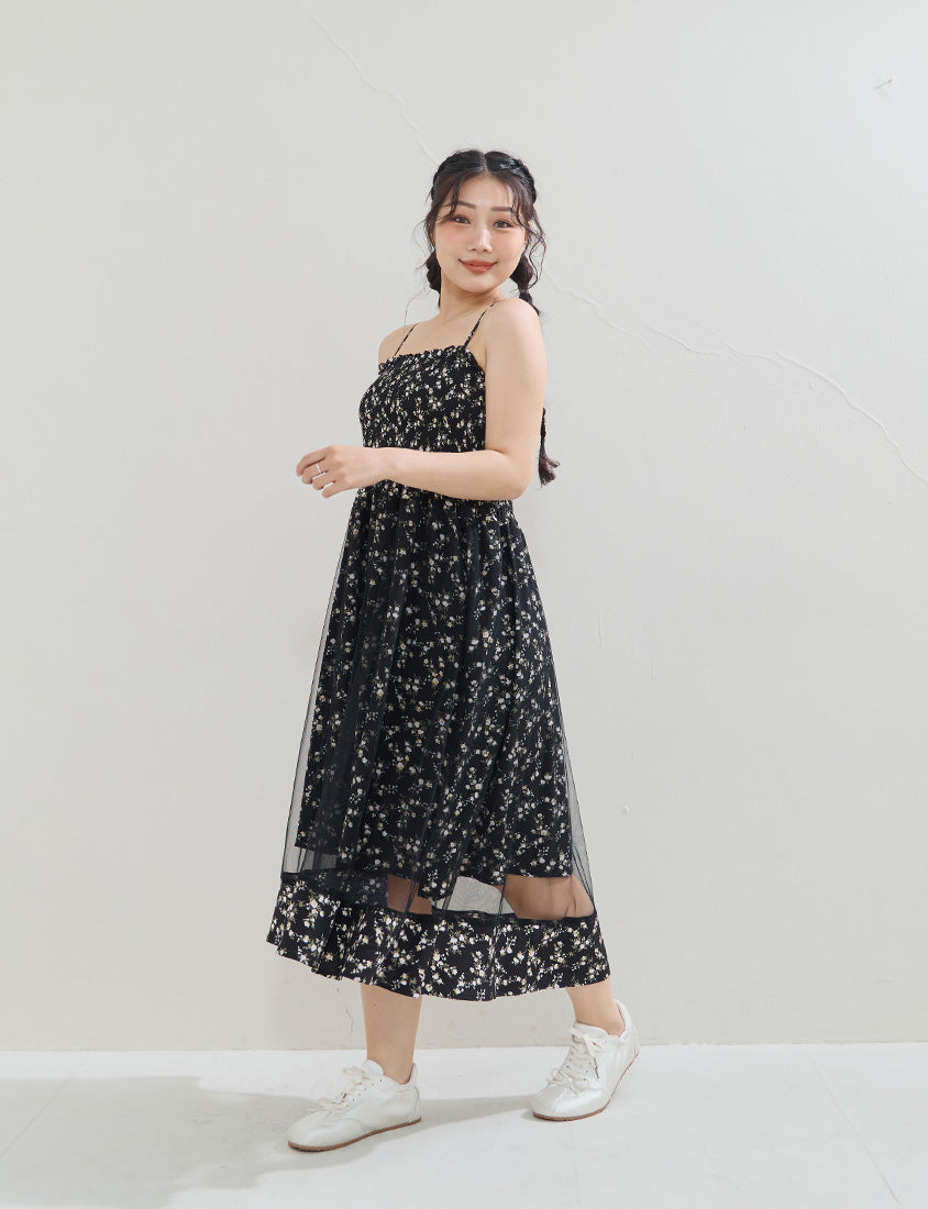Layered Mesh Floral Adjustable Plus Size Strap Maxi Dress