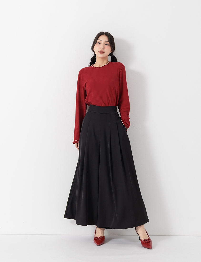Soft Wide Ribbed Ruffle-Trim Long Sleeve Plus Size Top