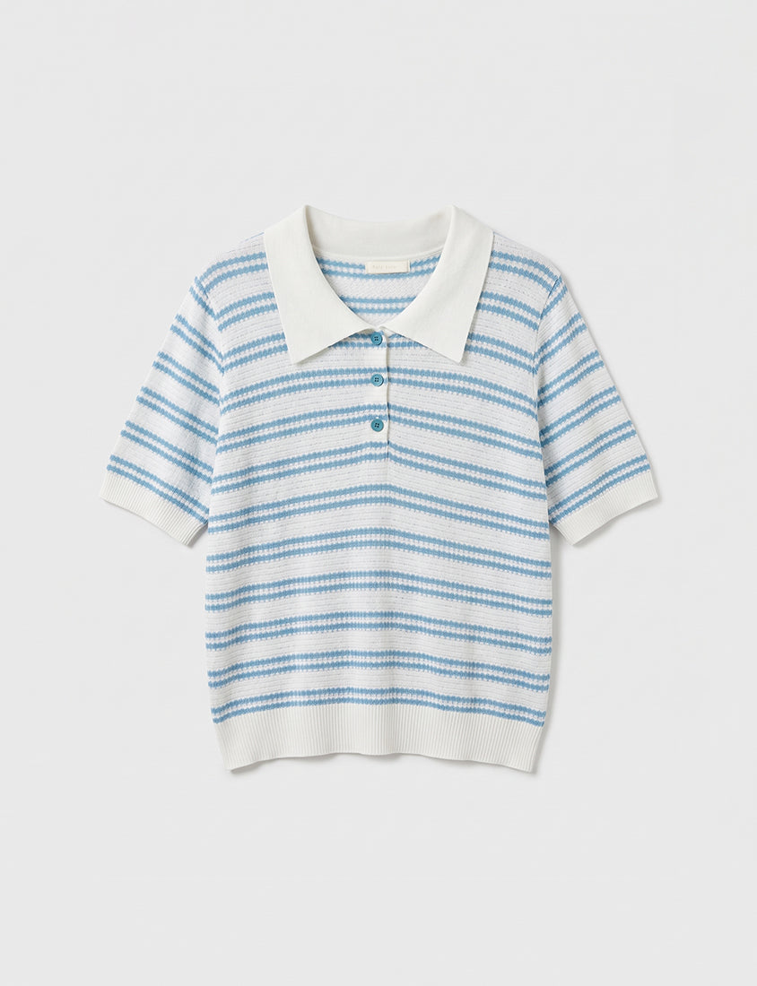 Collared Striped Knit Short Sleeve Plus Size Top