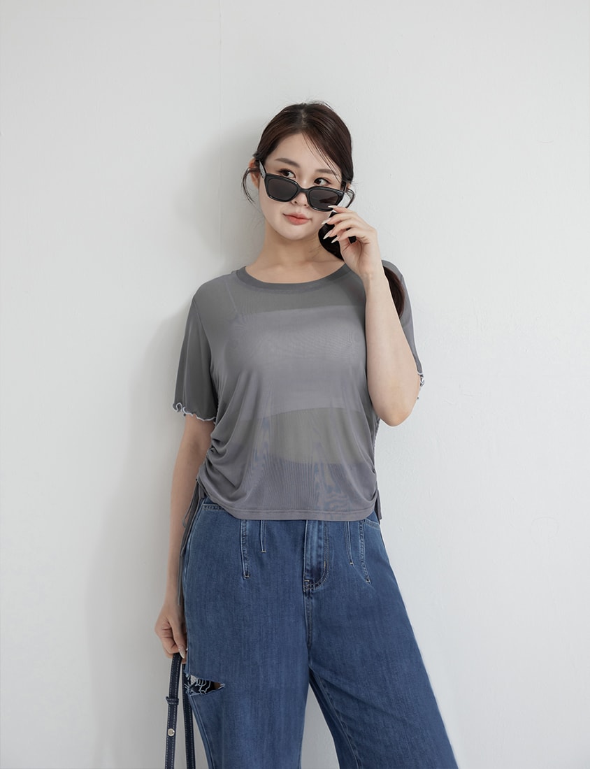 Side Drawstring Sheer Ruffle Sleeve Plus Size Top