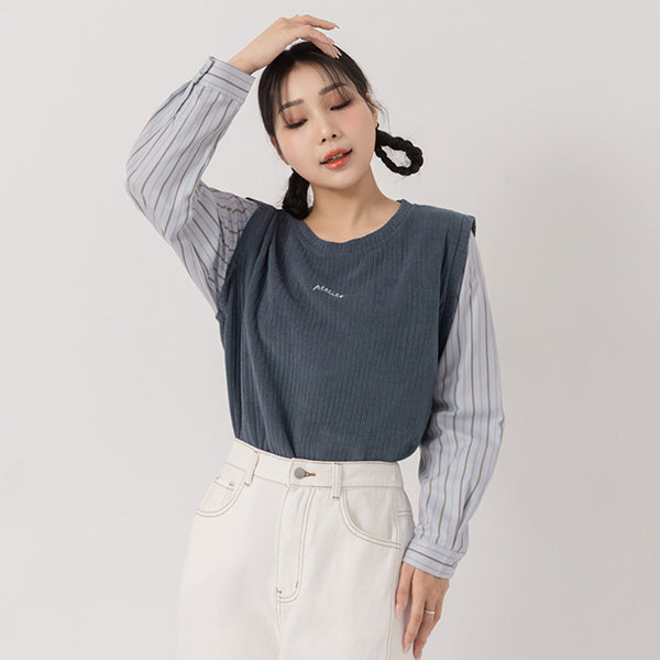 Round Neck Faux Layered Small Embroidery Plus Size Striped Top