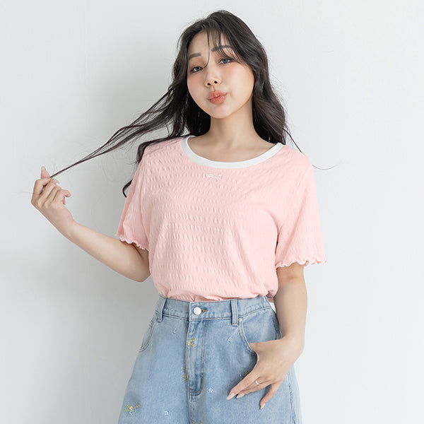 Bow Embroidery Ruffle Crinkle Plus Size Top