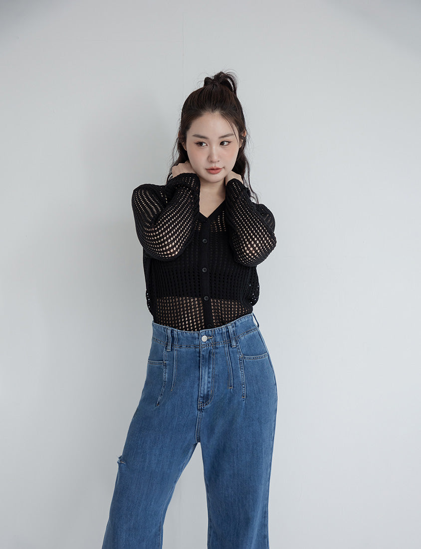 V-Neck Ice Silk Openwork Knit Plus Size Cardigan