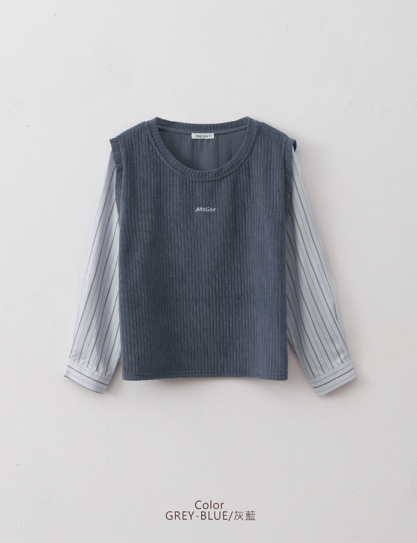 Round Neck Faux Layered Small Embroidery Plus Size Striped Top