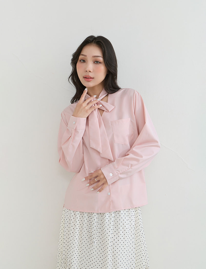 Korean Style Tie Neck Long Sleeve Plus Size Blouse