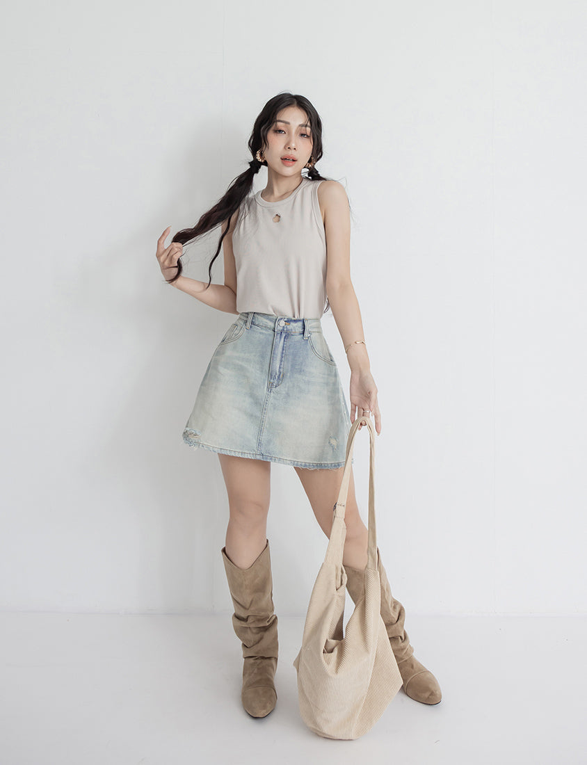 MUA! Side Pearl Studded Distressed Denim Plus Size Mini Skirt