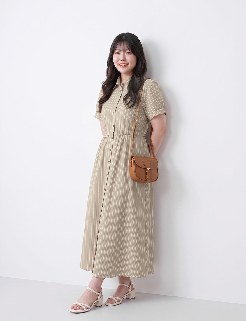 Japanese Contrast Stripe Shirt Collar Plus Size Maxi Dress