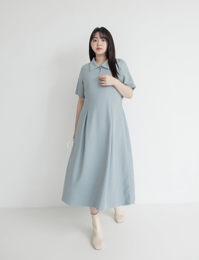Collared Waffle-Knit Cinched Waist Plus Size Maxi Dress