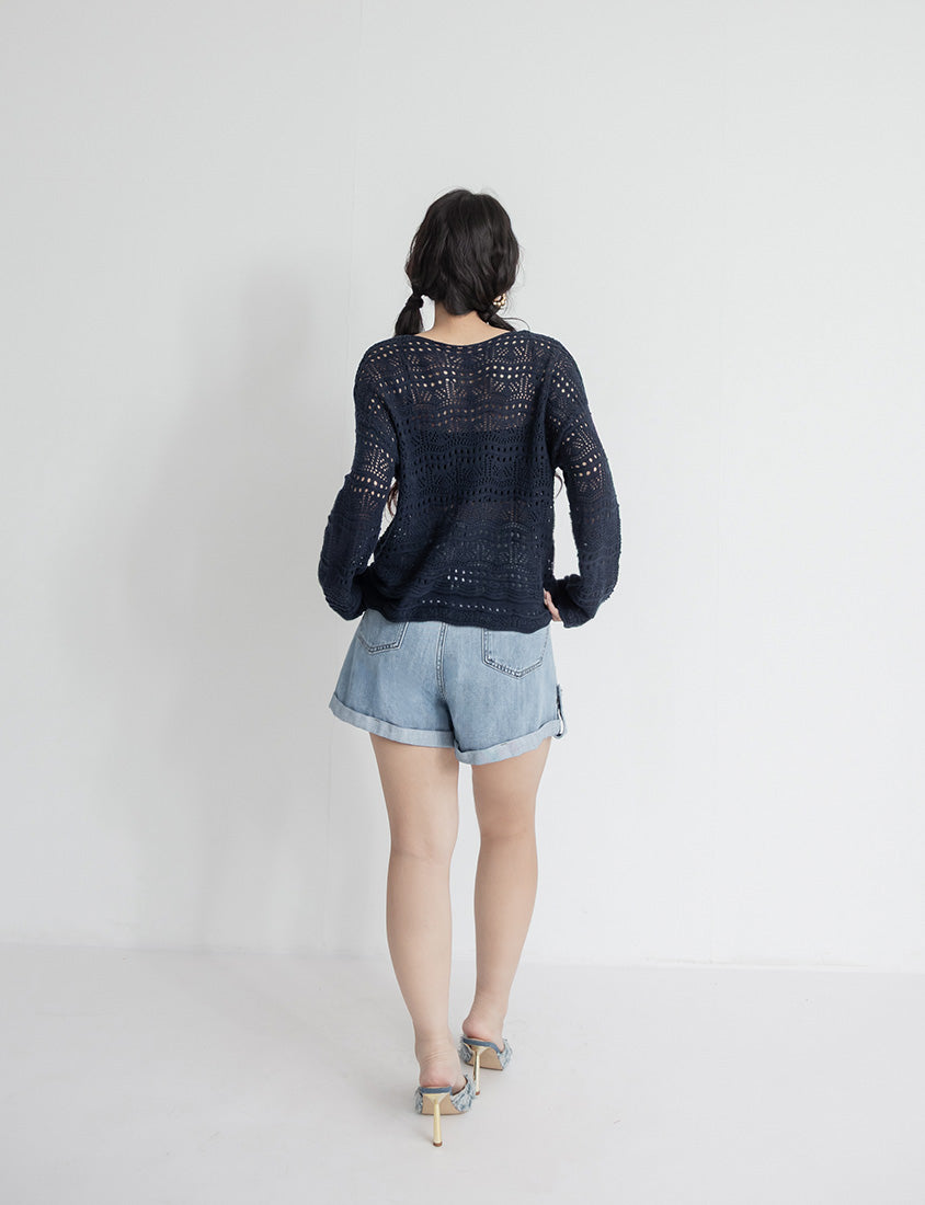 MUA! Lace Openwork Drawstring Knit Plus Size Top