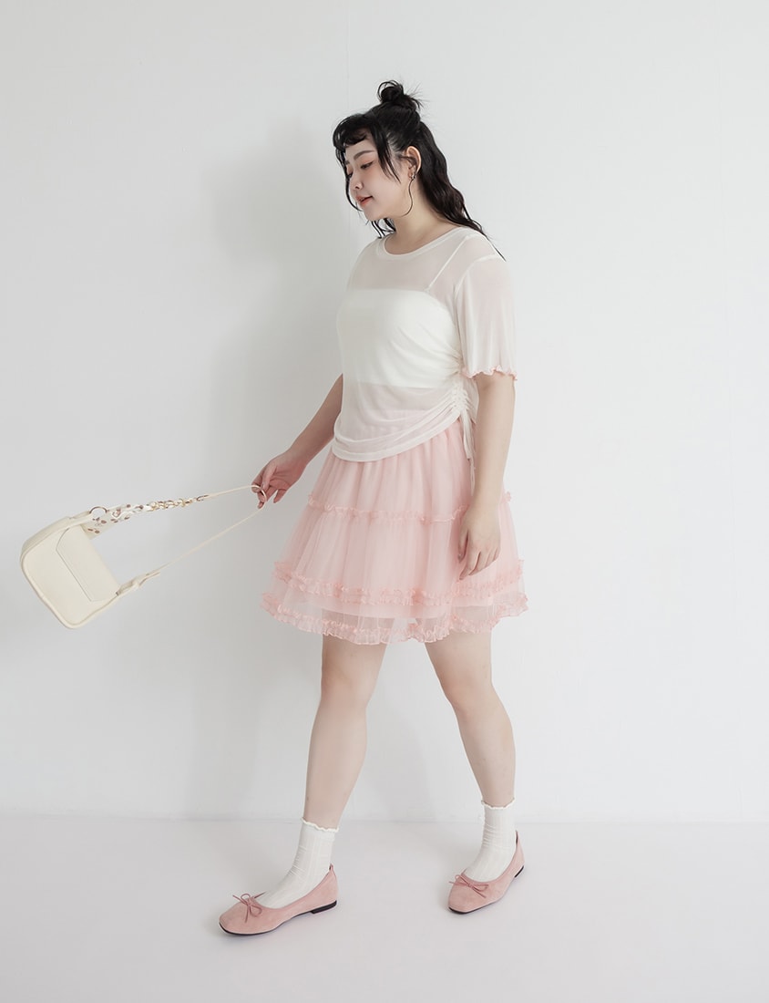 Side Drawstring Sheer Ruffle Sleeve Plus Size Top