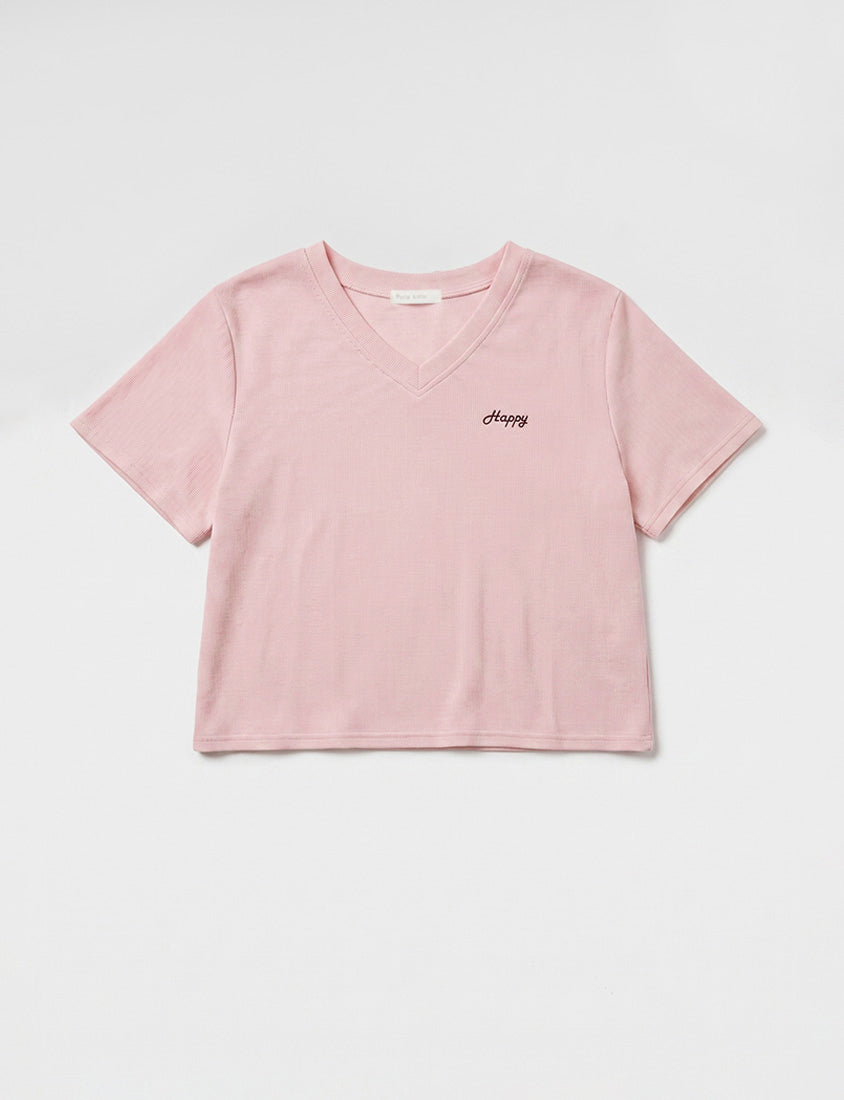Soft Stretch Cotton Minimal Embroidered V-Neck Plus Size Tee