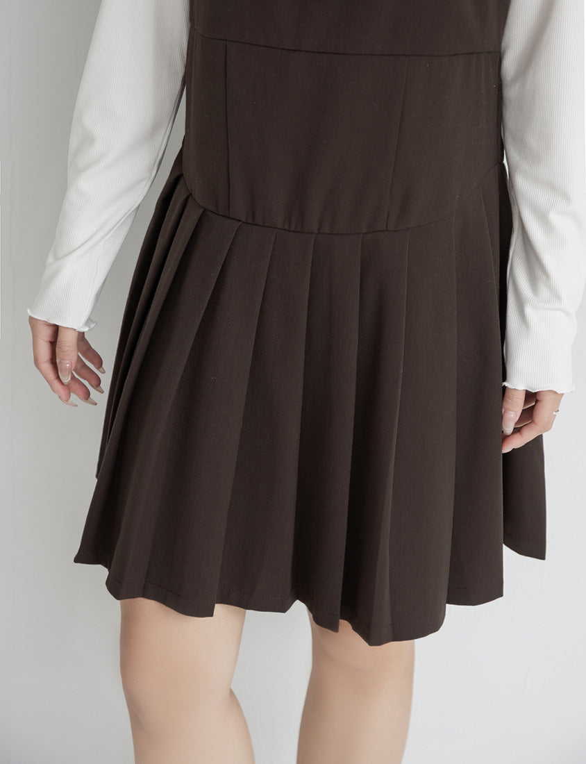 Square Neck Tie-Front Pleated Pinafore Plus Size Mini Dress