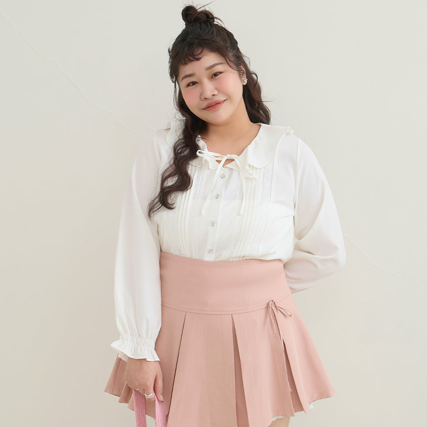 Romantic Ruffle Collar Lace Floral Button-Up Plus Size Blouse
