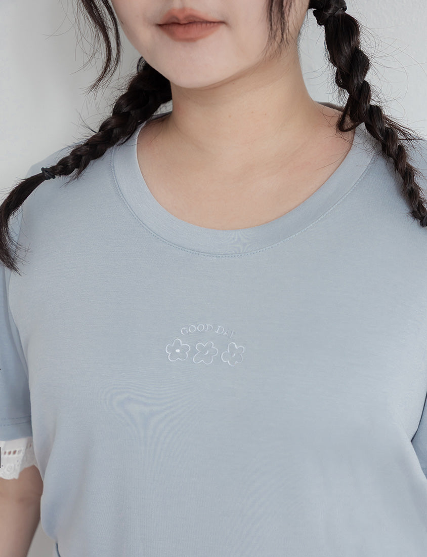 Lace Trim Floral Cloud Cotton Plus Size Tee