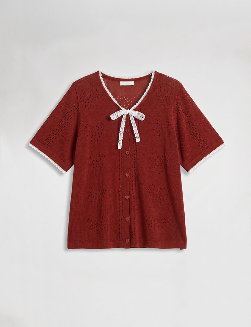 Lace Collar Heart Cutout Plus Size Knit Cardigan