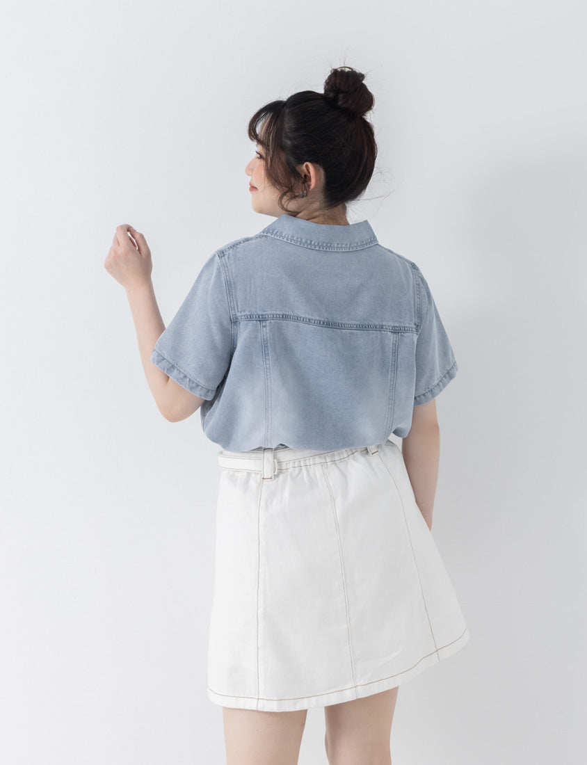 Tencel Silky Denim Tie-Front Collar Plus Size Top