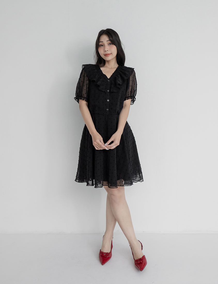 MISS. Polka Dot Jacquard Ruffle V-Neck Plus Size Mini Dress