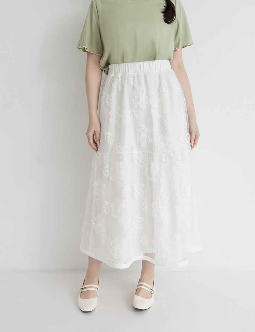 3D Floral Tiered Mesh Plus Size Maxi Skirt