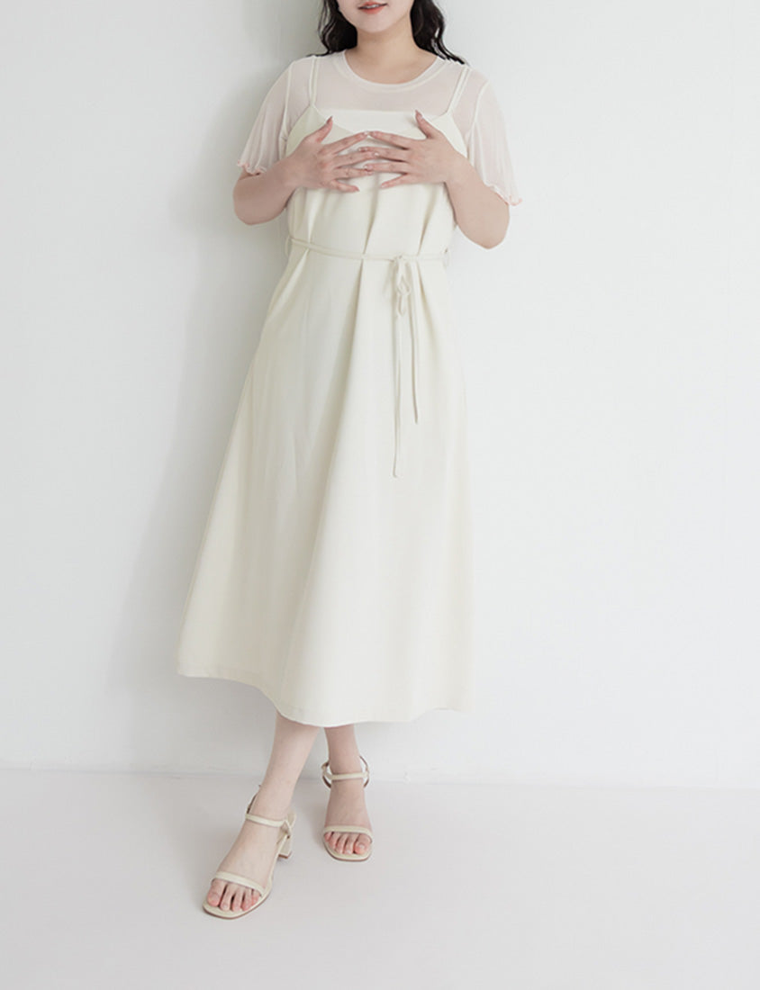Wrinkle-Resistant A-Line  Plus Size Cami Maxi Dress (With Waist Tie)