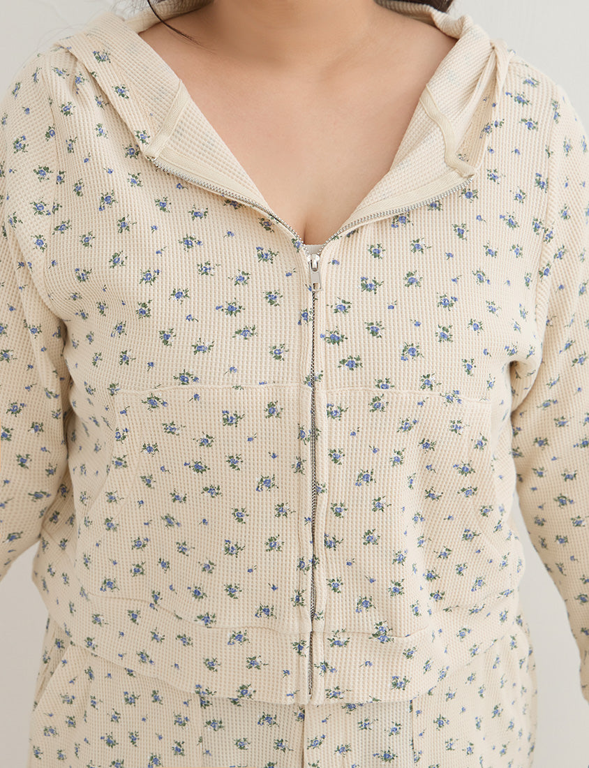 Sweet Floral Waffle Cropped Plus Size Hoodie
