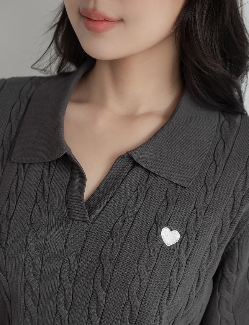 Heart Embroidered V-Neck Cable Knit Short Sleeve Plus Size Top