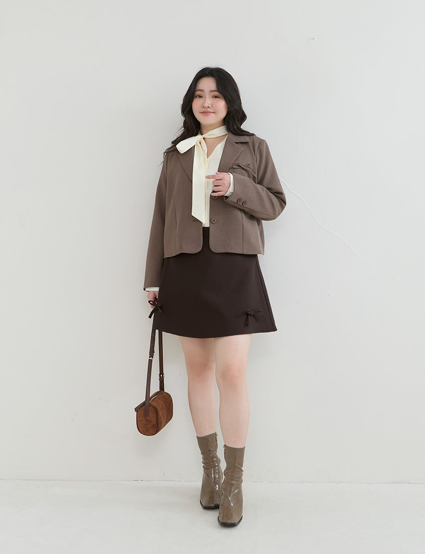 Korean Style Bow-Detail Elastic Back Waist Tailored Plus Size Mini Skirt