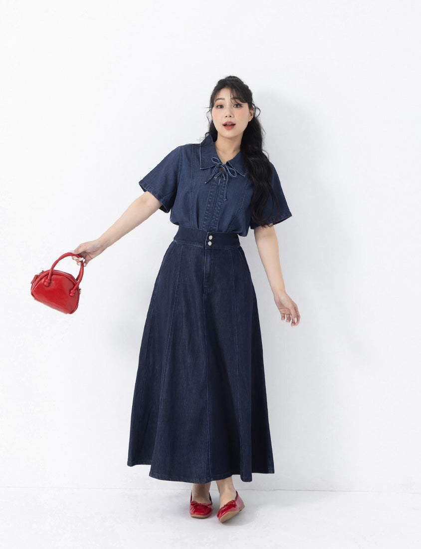 Lightweight Tencel Silky Denim Double Button Flare Plus Size Maxi Skirt