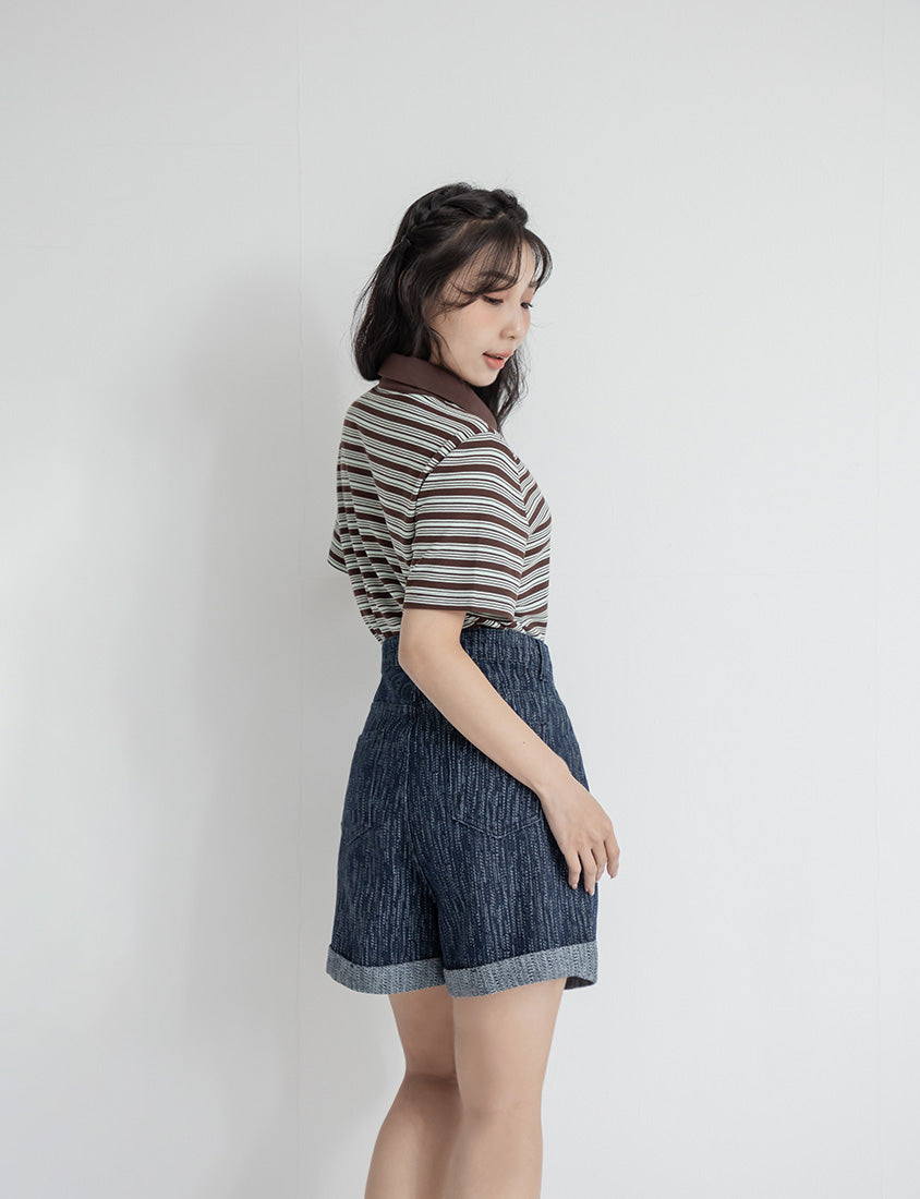Textured Two-Tone Denim Cuffed Plus Size Shorts