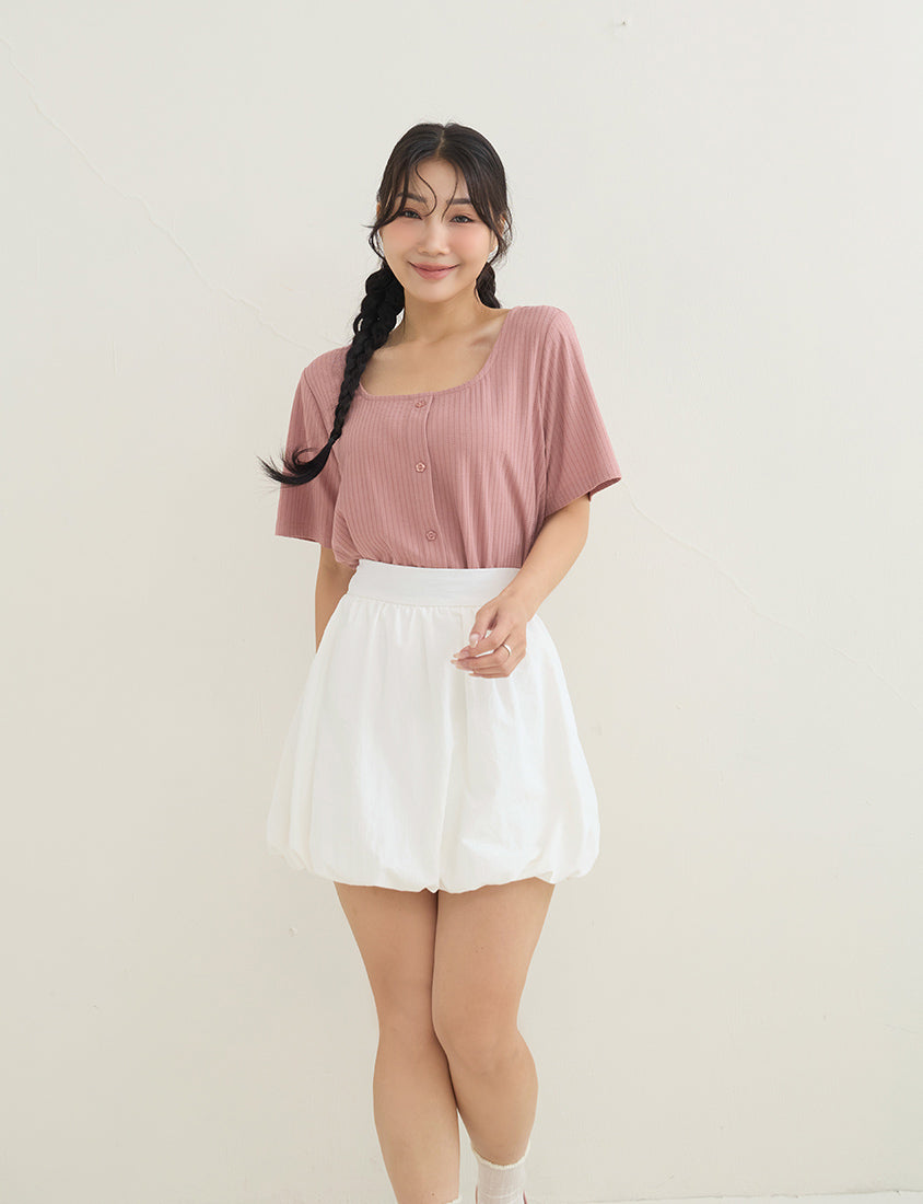 Square Neck Floral Faux Button Waffle Plus Size Top
