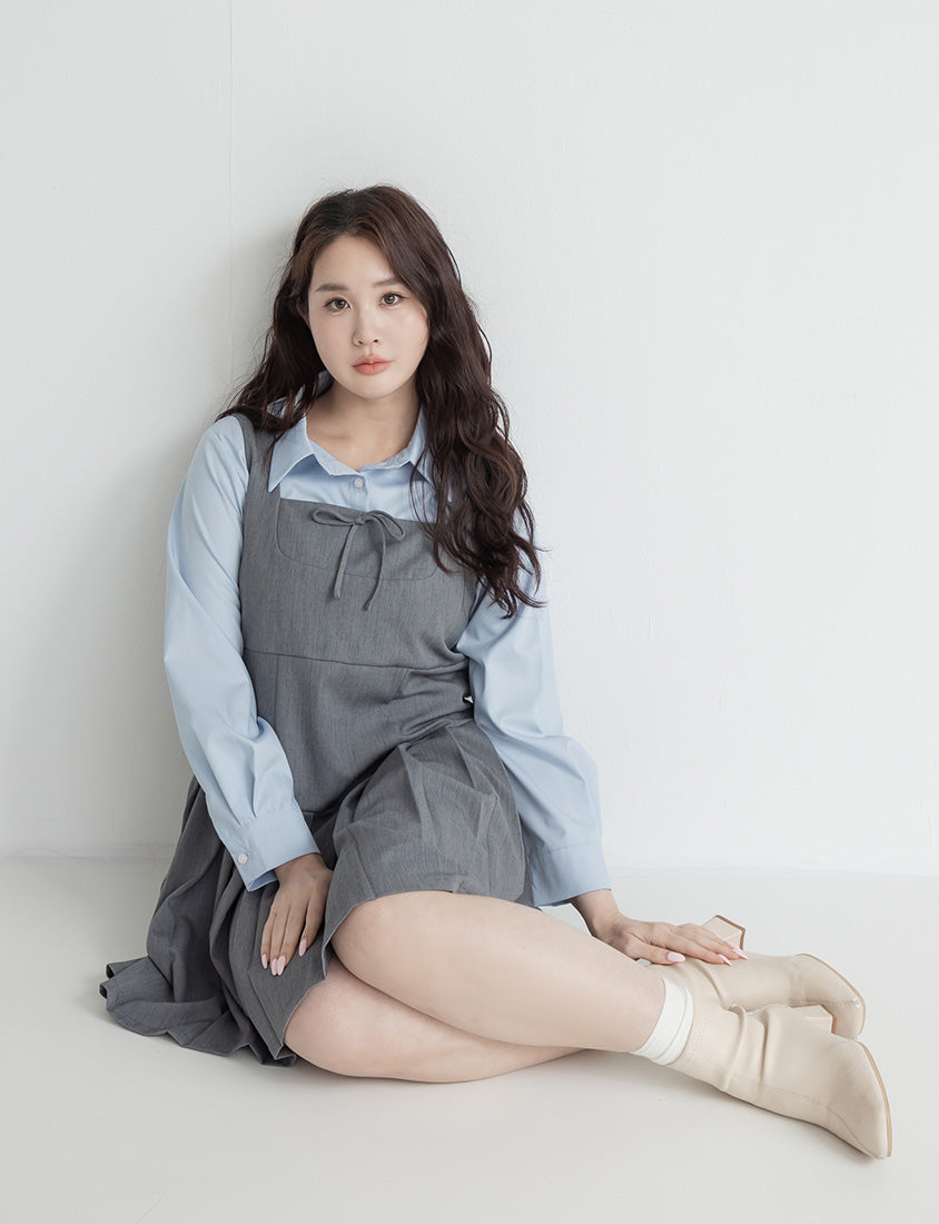 Square Neck Tie-Front Pleated Pinafore Plus Size Mini Dress