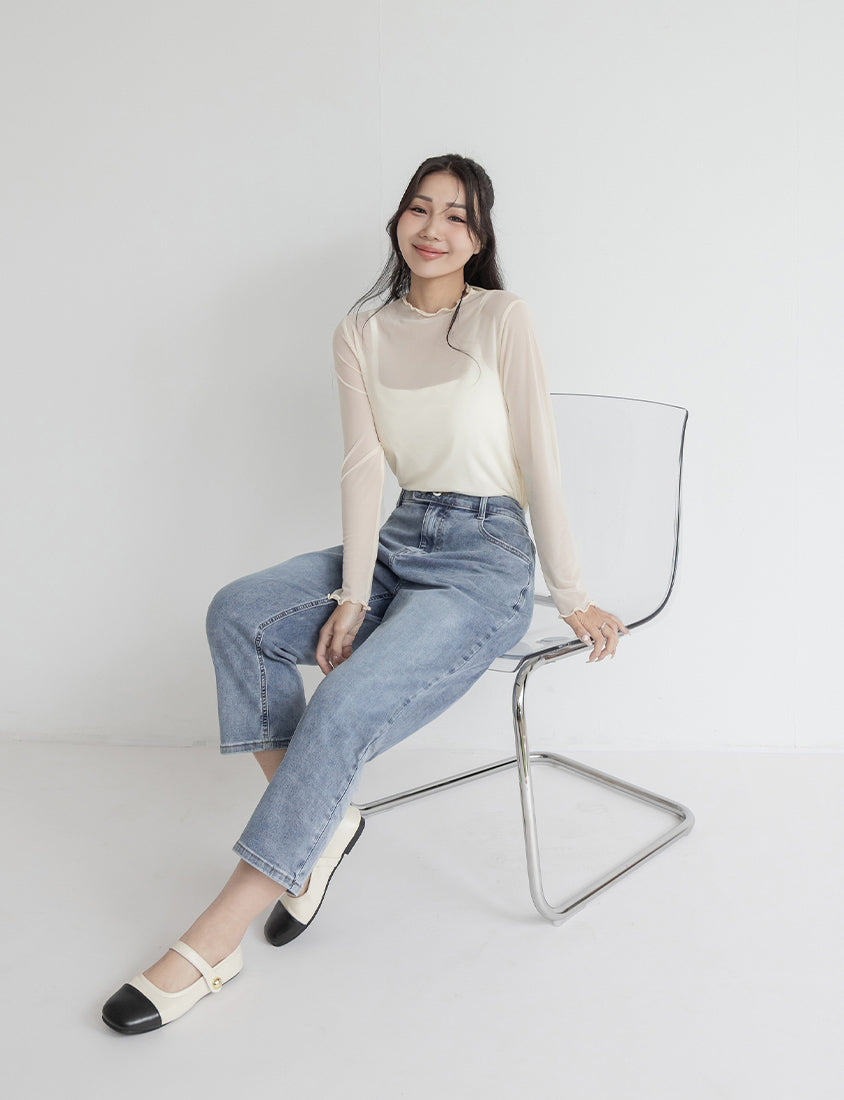Versatile Ruffle Trim Sheer Long Sleeve Plus Size Top