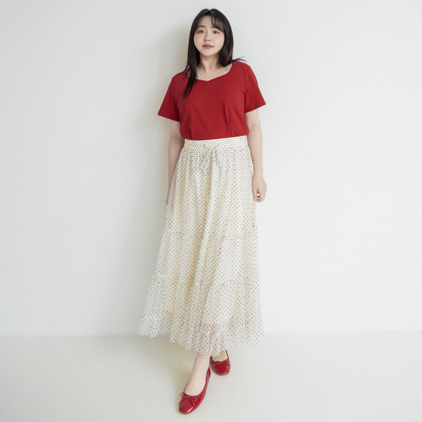 Romantic Polka Dot Tulle Tiered Plus Size Maxi Skirt