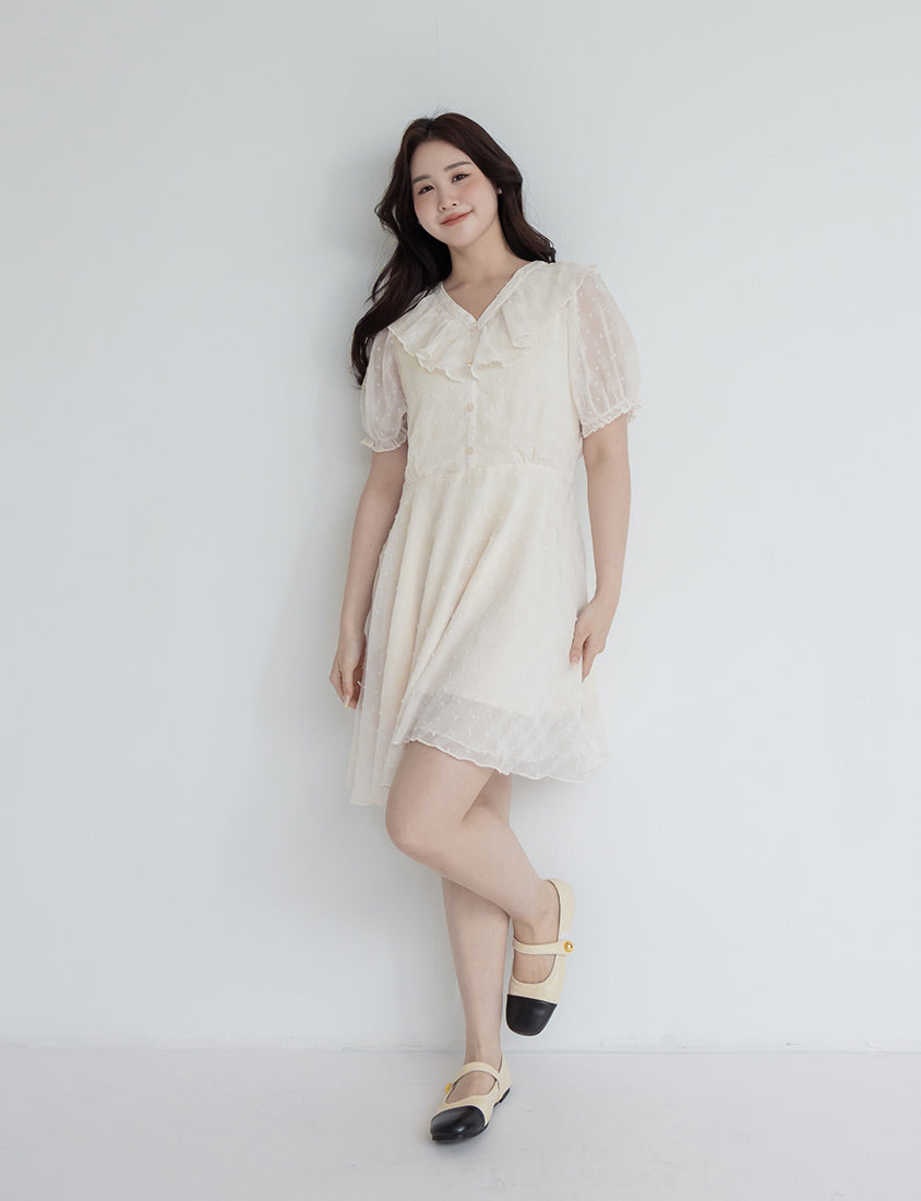 MISS. Polka Dot Jacquard Ruffle V-Neck Plus Size Mini Dress
