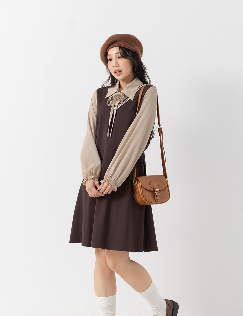 Preppy Contrast Color Faux Two-Piece Plus Size Mini Dress (With Tie)