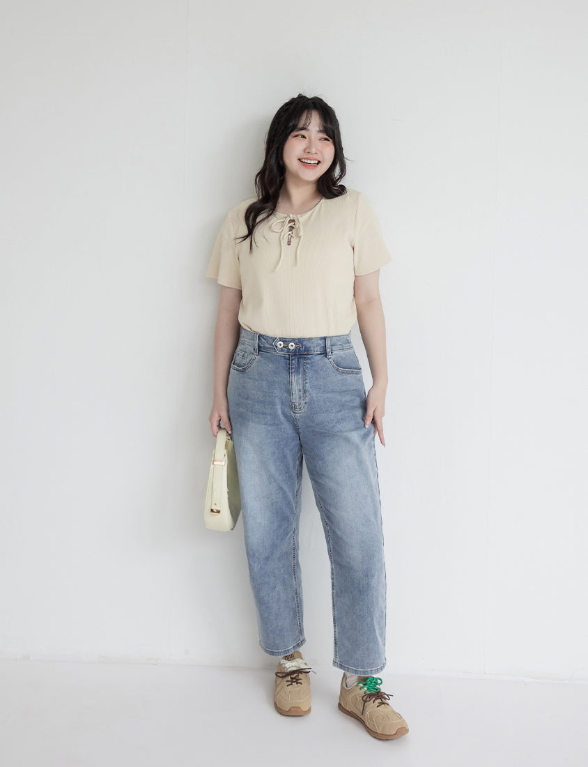 Ruffle Trim Ribbed Tie Front Short Sleeve Plus Size Top