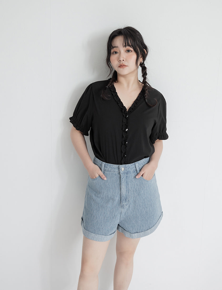 Textured Two-Tone Denim Cuffed Plus Size Shorts