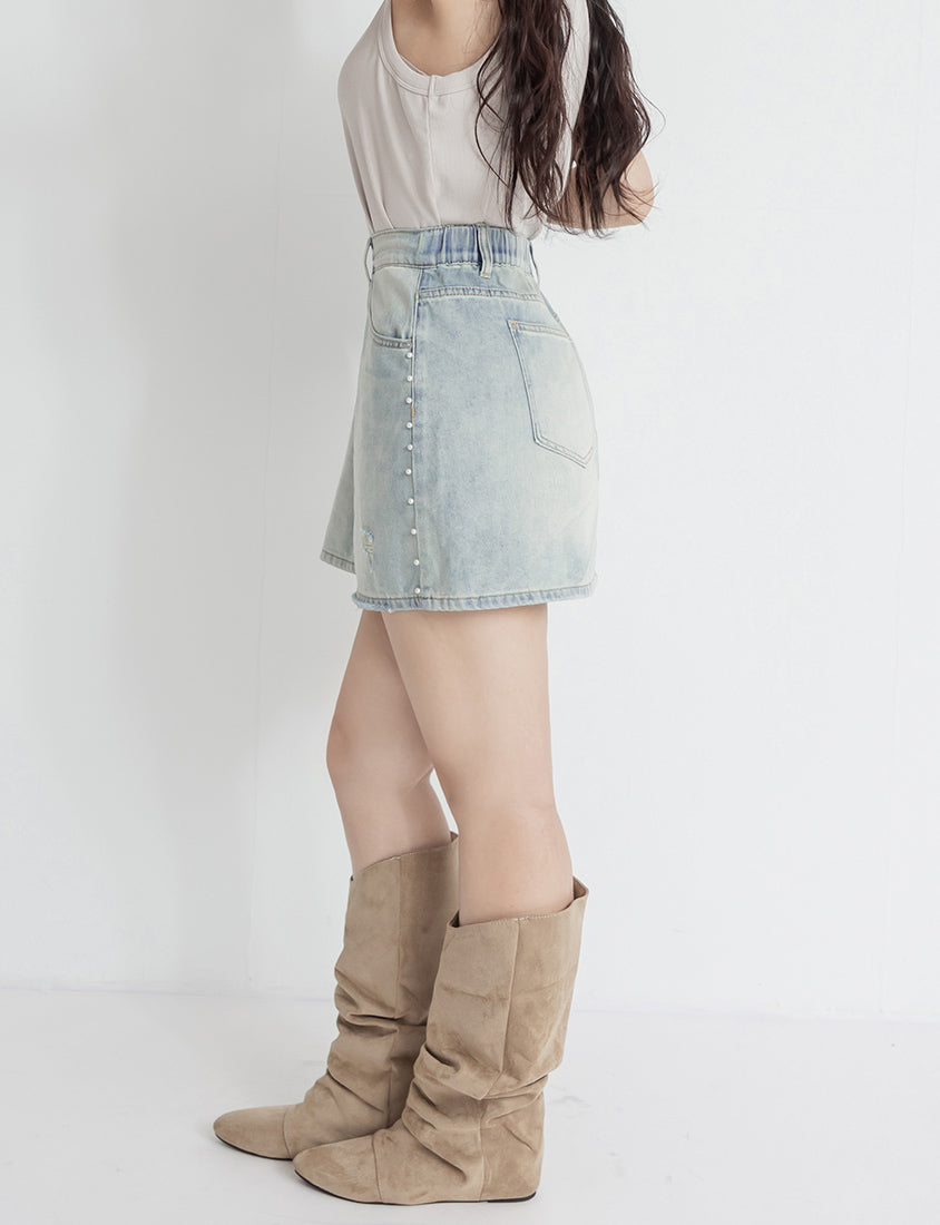 MUA! Side Pearl Studded Distressed Denim Plus Size Mini Skirt