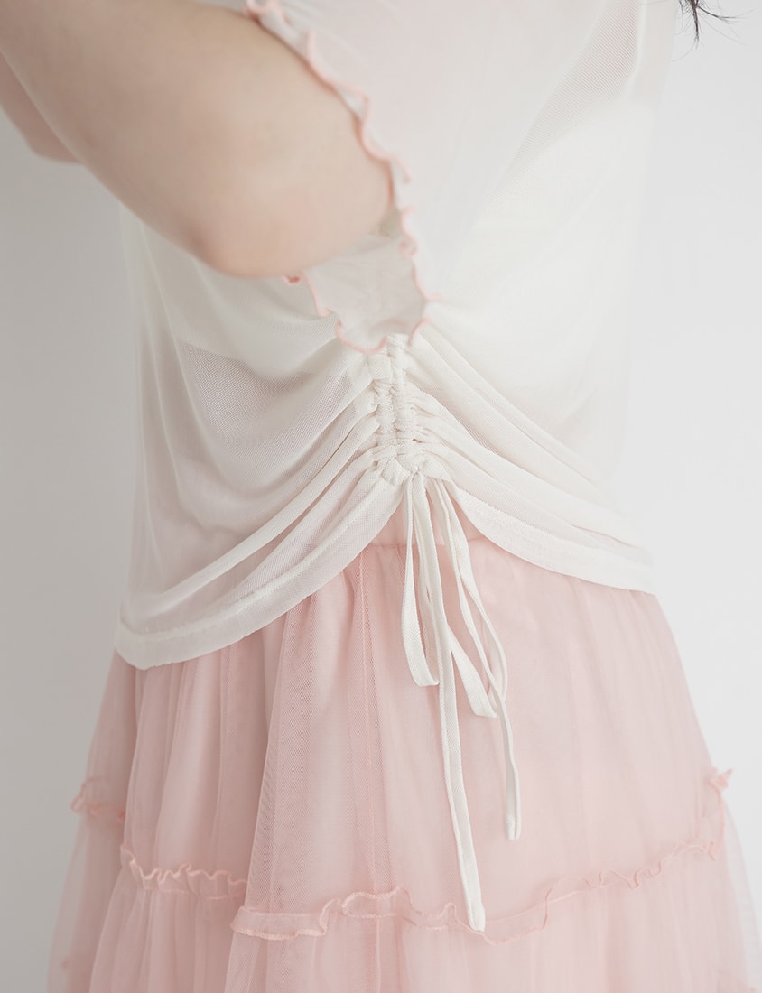 Side Drawstring Sheer Ruffle Sleeve Plus Size Top