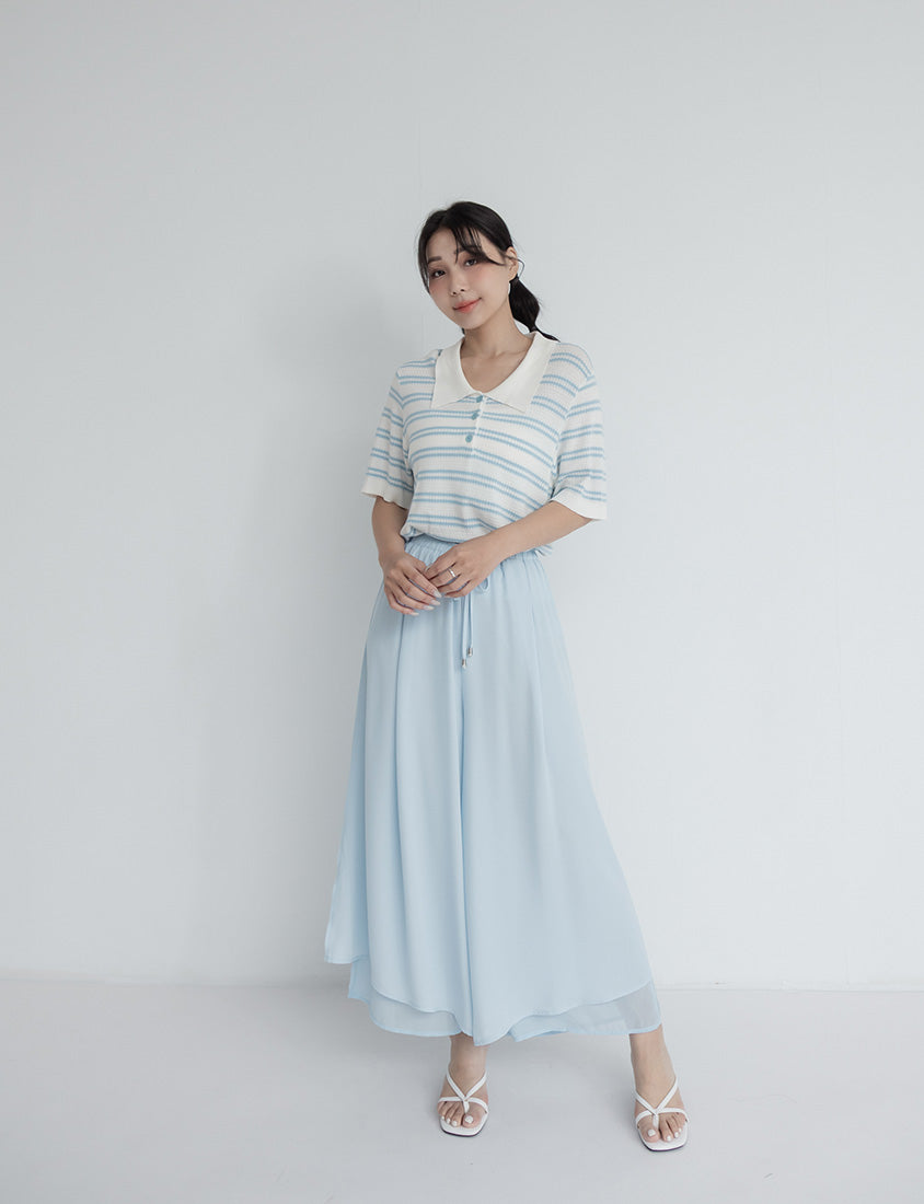 Collared Striped Knit Short Sleeve Plus Size Top