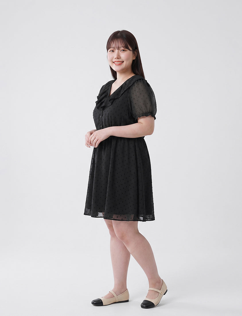 MISS. Polka Dot Jacquard Ruffle V-Neck Plus Size Mini Dress