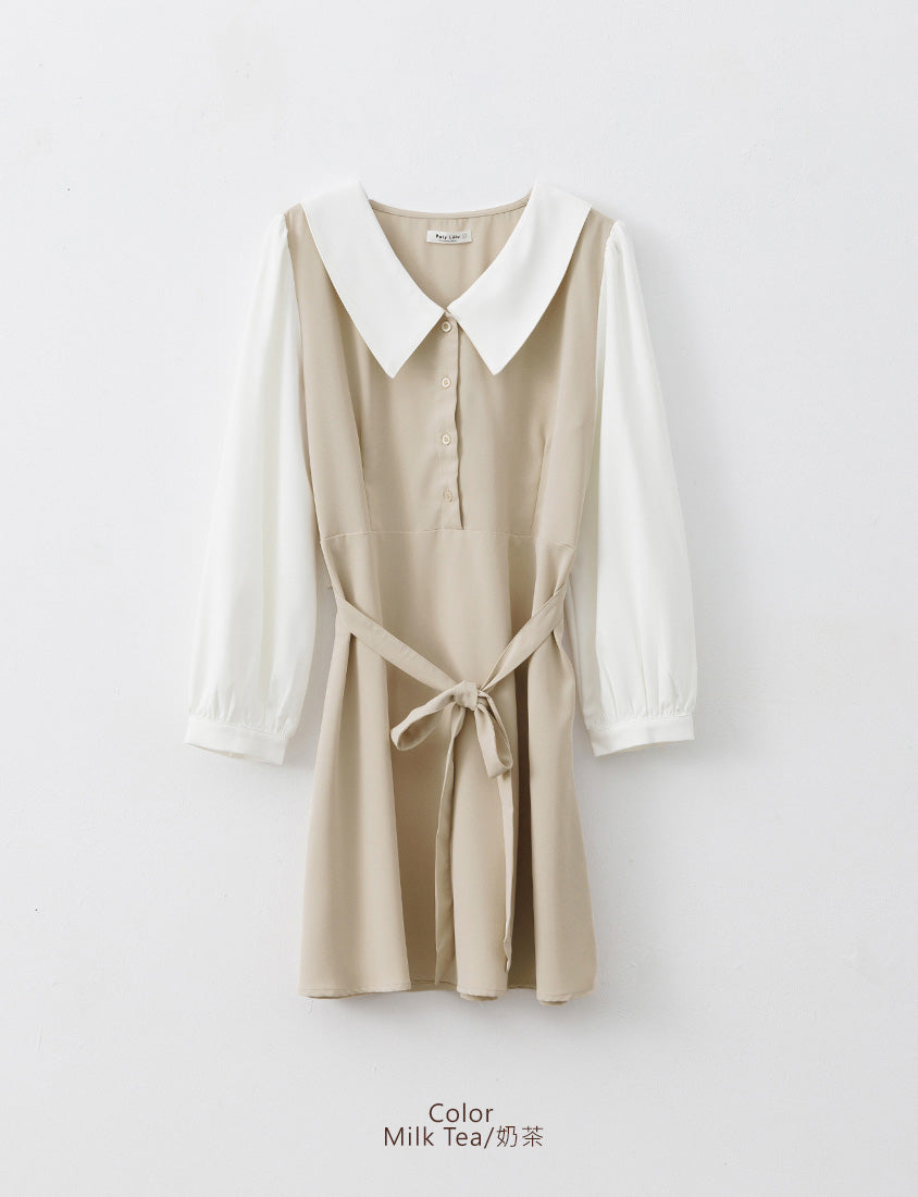 MISS. Faux Two Piece Chiffon Plus Size Long Sleeve Dress (With Waist Tie)