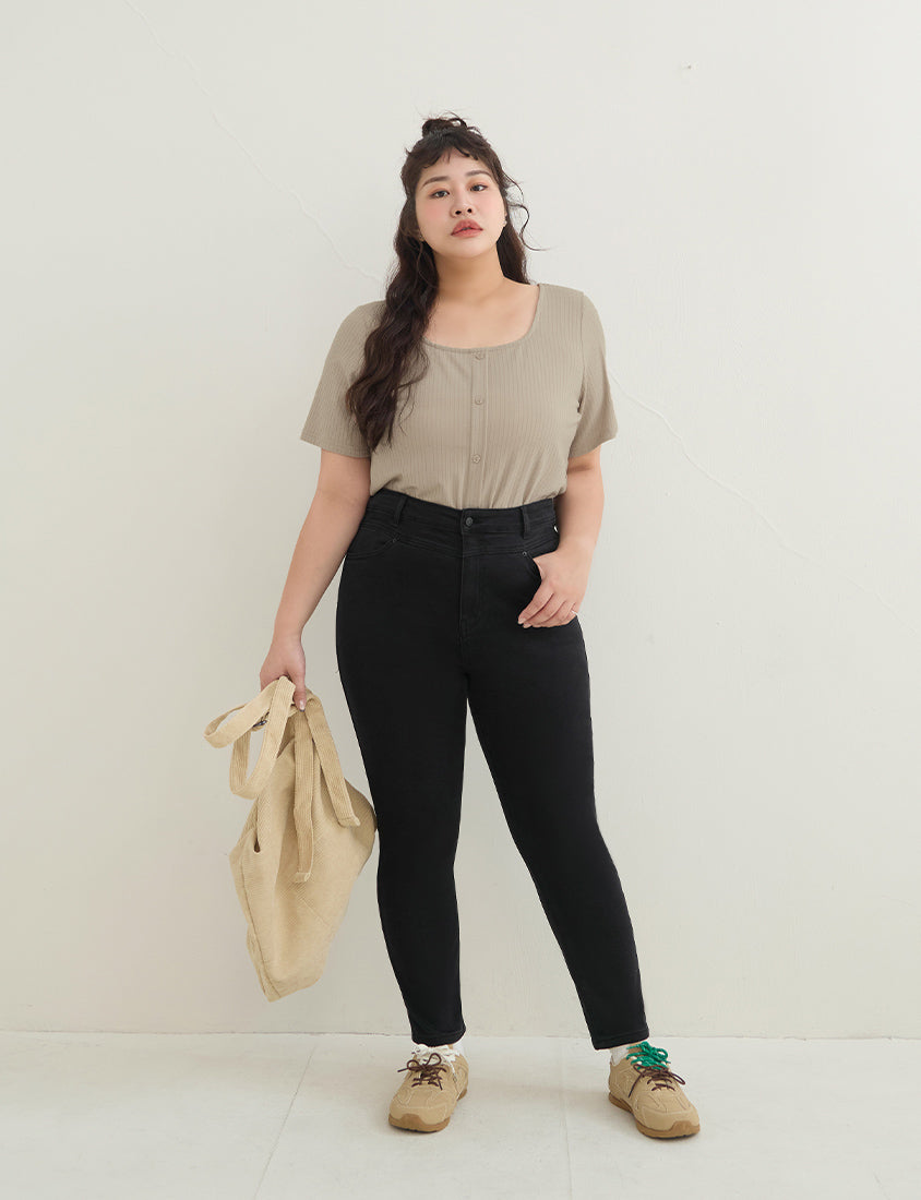 Square Neck Floral Faux Button Waffle Plus Size Top
