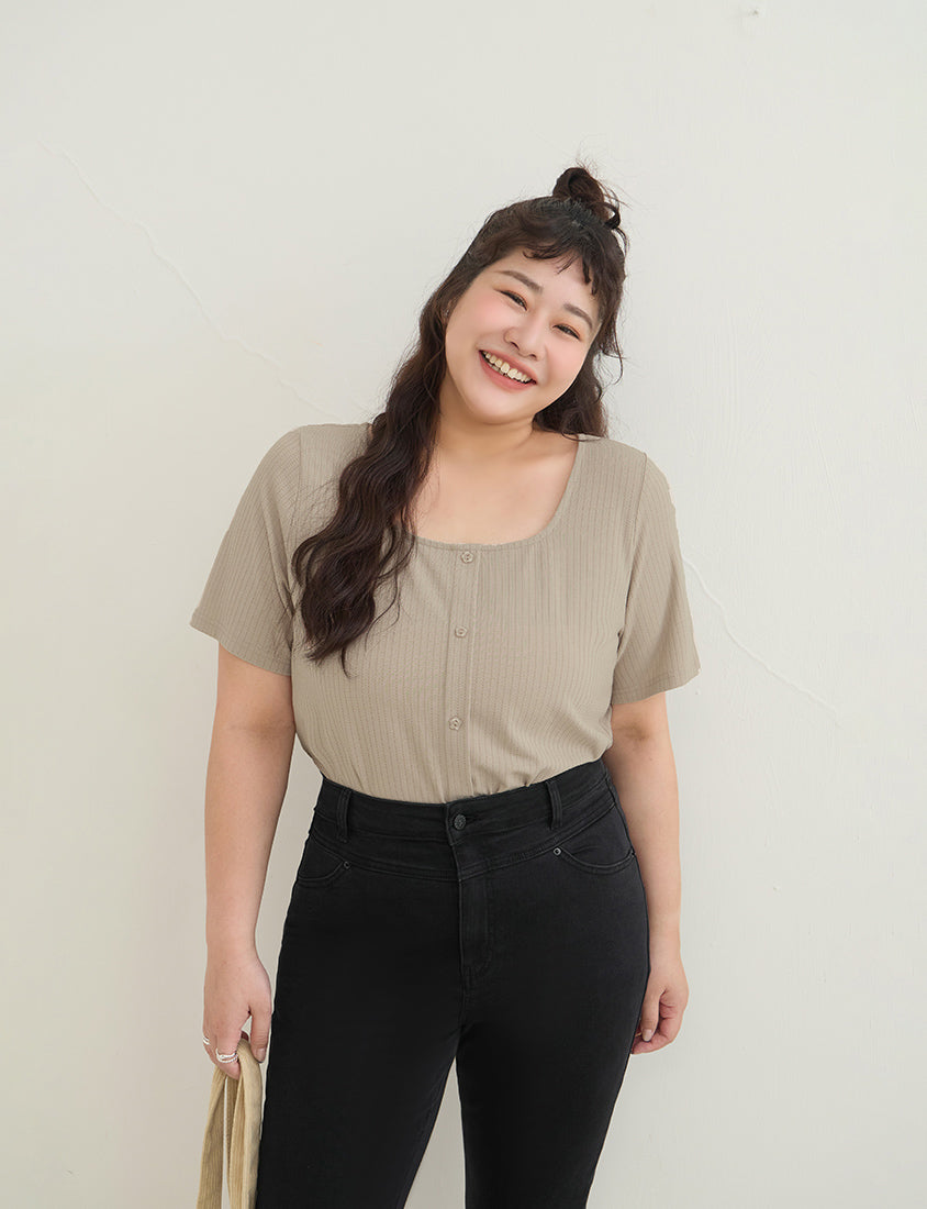 Square Neck Floral Faux Button Waffle Plus Size Top