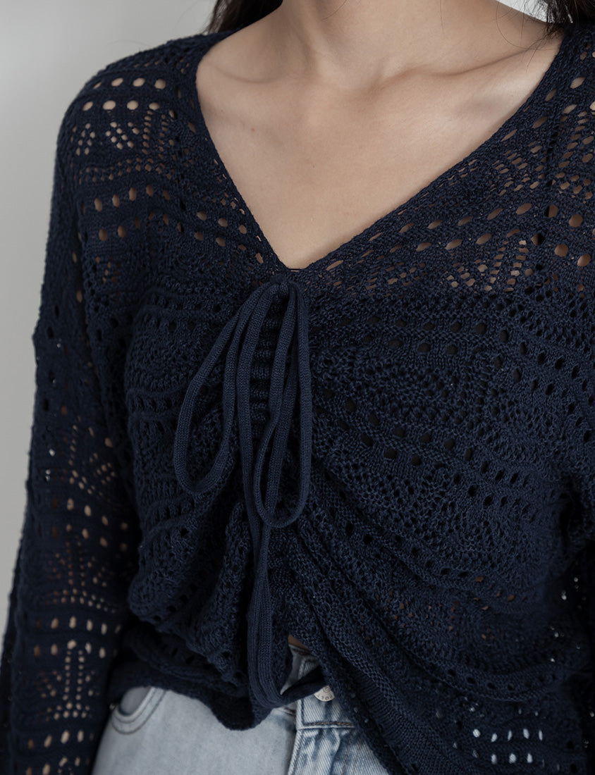 MUA! Lace Openwork Drawstring Knit Plus Size Top