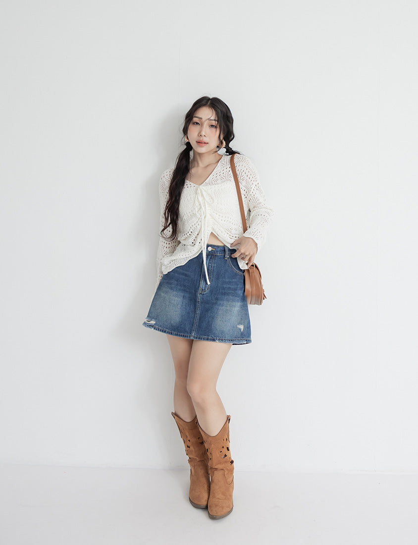 MUA! Side Pearl Studded Distressed Denim Plus Size Mini Skirt
