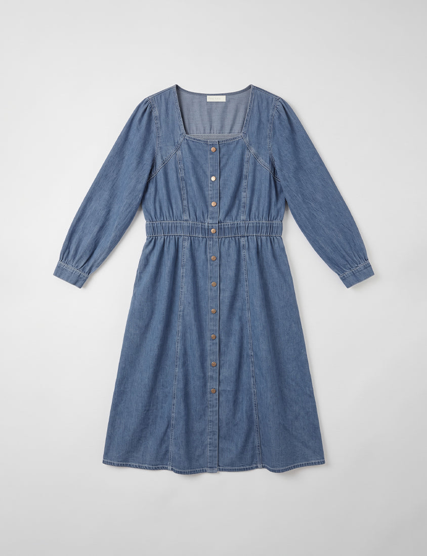 Smock-Waisted Square Neck Faux-Button Denim Plus Size Maxi Dress